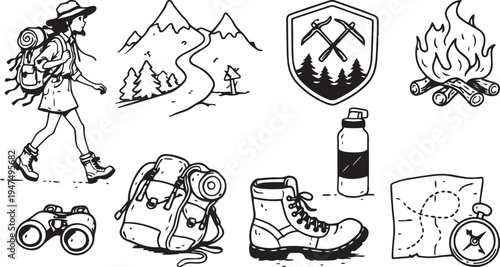 Hand drawn hiking camping adventure vector set with hiker mountains backpack boots map compass icons