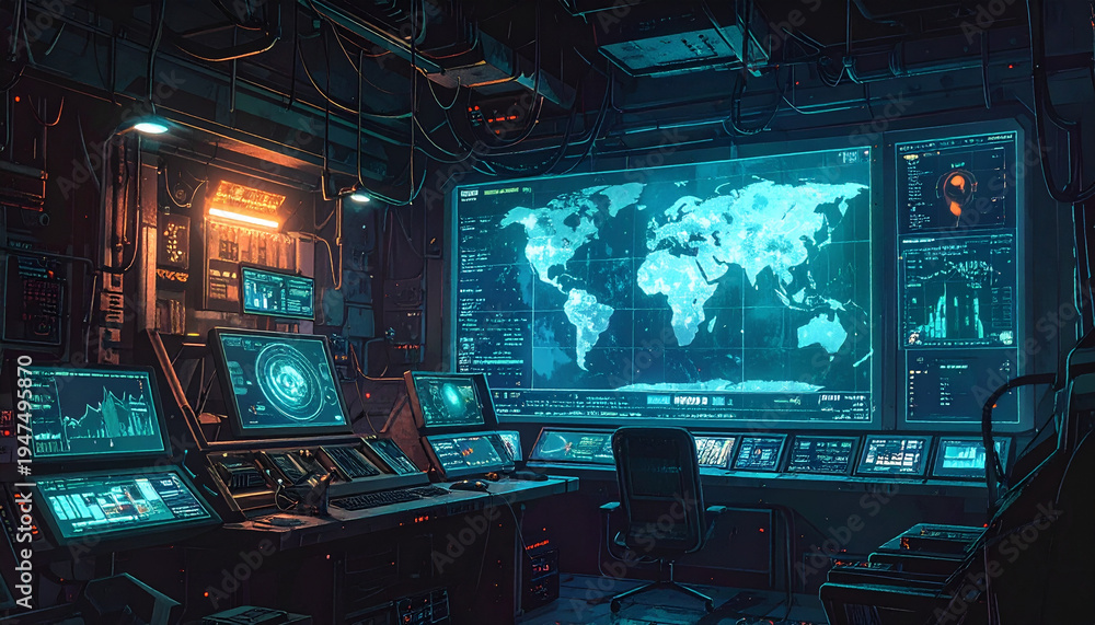 Fototapeta premium Control room with illuminated world map and computer screens at night