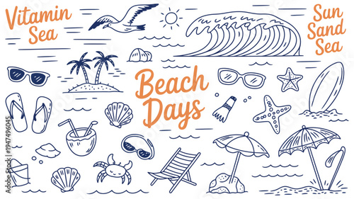beach days hand drawn summer doodle collection with sun sea sand starfish shells palm tree sunglasses flip flops beach chair crab wave and tropical vacation elements illustration.