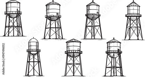 Vintage industrial water tower vector set, minimal black line infrastructure tank outline icons