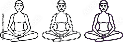Three figures meditating in lotus position, simple line art style, isolated on white background