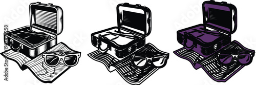 Three Open Briefcases with Sunglasses on Maps Ready for Travel Stock Illustration