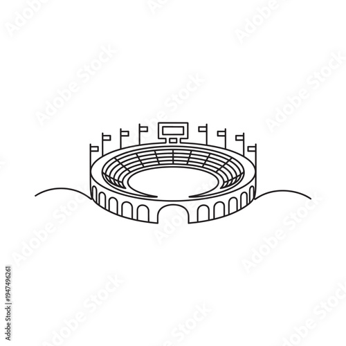 A minimalist line drawing depicts a roman coliseum with a simple continuous stroke style high quality