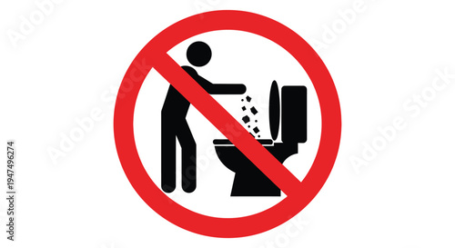 Graphic illustration featuring a universal warning sign prohibiting individuals from flushing waste down a toilet.