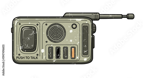 Vintage walkie talkie with antenna, push to talk button, on white background