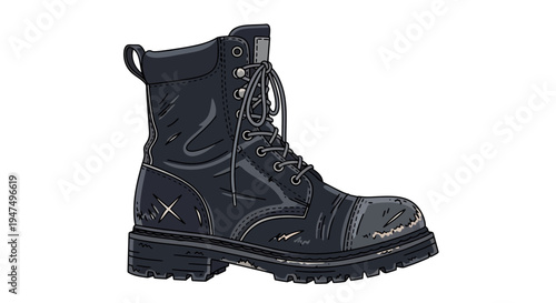 Black Combat Boot with Laces and Metal Toe Cap, Isolated on White