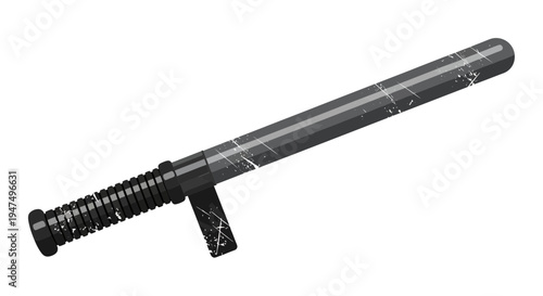 Black police baton with textured handle and reflective surface