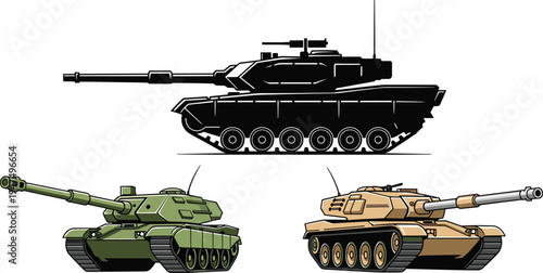 "Three illustrated military tanks side profile comparison showing black silhouette, green armored design, and tan combat vehicle, stylized artwork, defense machinery concept, warfare technology 
