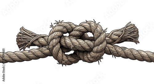 Close-up of a thick nautical rope tied in a secure knot on white background