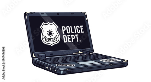 Laptop with Police Department logo and caution sticker