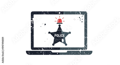 Laptop screen displays police badge and flashing siren light, symbolizing cybercrime investigation