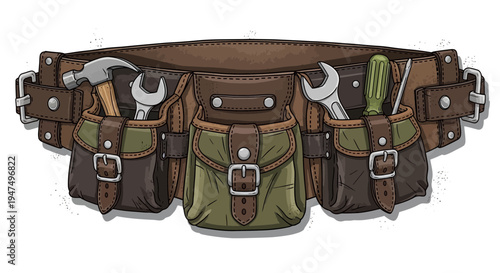 Leather Tool Belt with Hammer, Wrenches, and Screwdriver