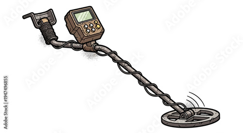 Metal detector illustration with digital screen and coil