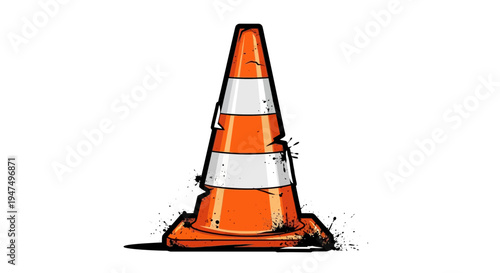 Orange traffic cone with white stripes and distressed texture, isolated on white background