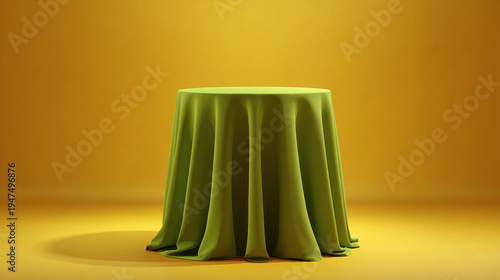 Wallpaper Mural Green round tablecloth draped over circular table in studio with warm yellow background creating soft shadow and elegant folds Torontodigital.ca