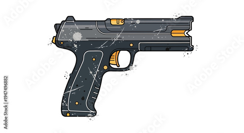 Modern handgun illustration with distressed texture and gold accents