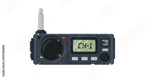 Pixel art walkie-talkie with antenna and LCD screen showing channel CH-1