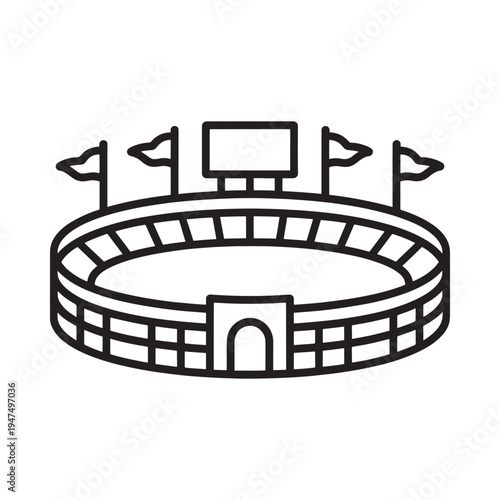 Simple line art illustration depicts an oval stadium with flags and a scoreboard high quality professional