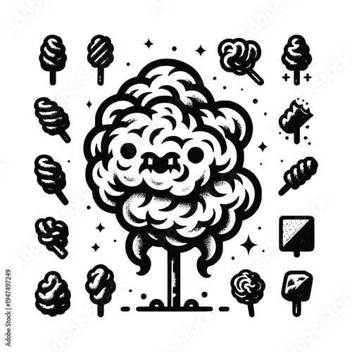 Whimsical Cotton Candy Tree with Cute Face and Surrounding Treats