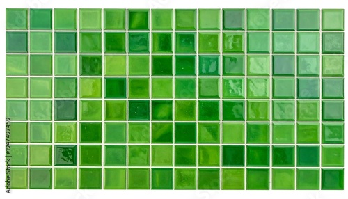 A close-up arrangement of small, square, green tiles in varying shades of jade, emerald, and lime create a gradient