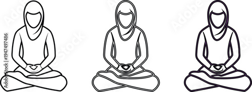 Three women in hijab meditating in lotus position on white background vector