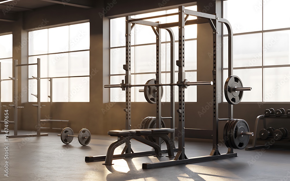 Fototapeta premium A professional squat rack station inside a spacious gym facility with large windows and equipment