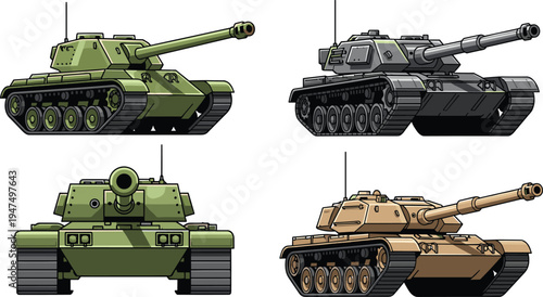 "Four illustrated military tanks in 2x2 grid showing different designs, colors, and perspectives, armored combat vehicle artwork, defense machinery concept, warfare technology engineering