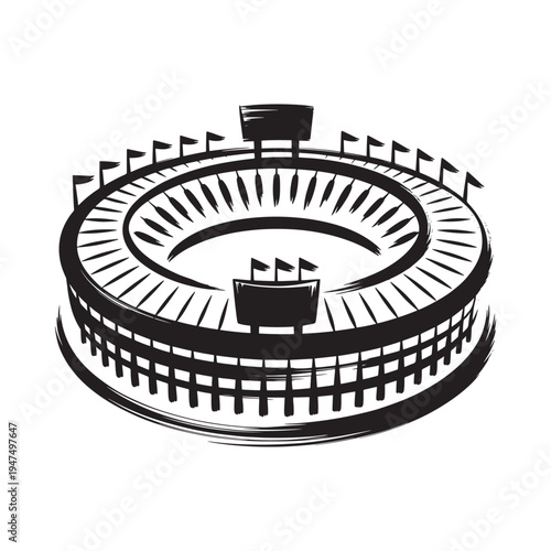 A stylized black and white illustration depicts a circular coliseum with flags evoking ancient roman architecture