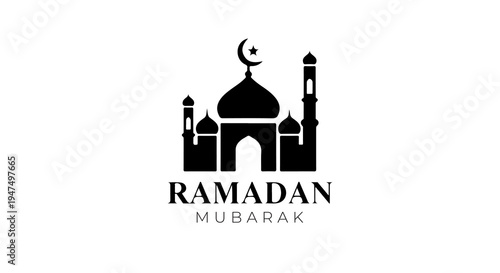 A black and white graphic illustration of a mosque with the text "RAMADAN MUBARAK" below it.