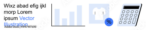 Business analytics, e-commerce, financial tools, retail statistics, tax calculation, budgeting. Bar graph, percentage sign shirt and calculator . Business analytics and e-commerce concept
