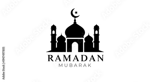 Ramadan Mubarak text with a mosque silhouette and crescent moon on top.