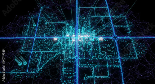 Glowing blue city map at night with grid lines and bright lights on a dark background illustrating urban planning and technology
