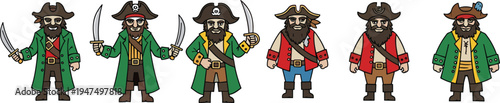Set of flat cartoon pirate captain characters with beards and tricorne hats holding swords and sabers isolated on white background for vector illustration projects
