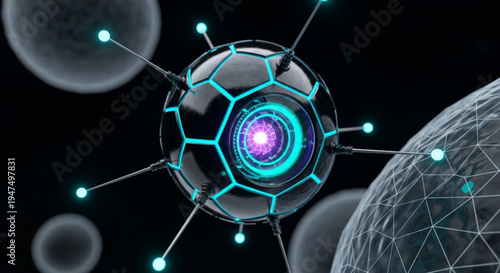 Glowing blue and purple futuristic orb with geometric pattern and connections floating in space near a metallic sphere