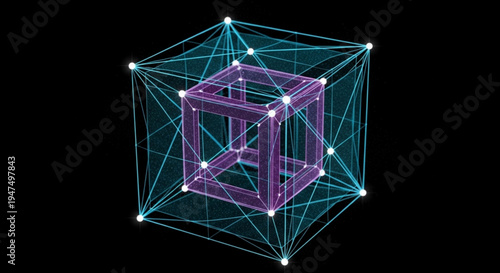 Glowing purple and blue 3d cube structure with connected lines and nodes on black background representing technology and innovation concept