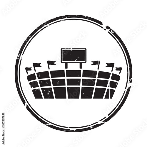 A distressed circular stamp depicting a stadium with flags suggesting sports or competition high quality professional