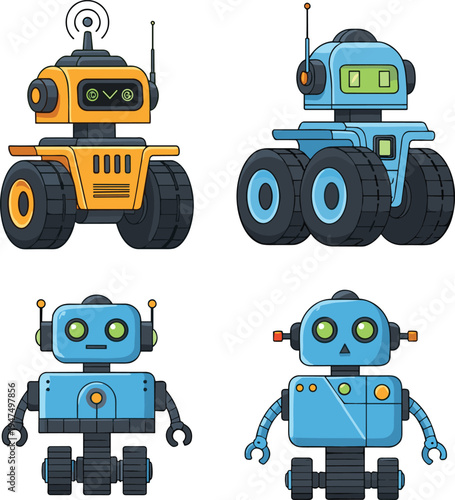 Set of Four Cute Cartoon Robot Vector Illustrations Featuring Two Wheeled Droids and Two Humanoid Bots with Antennas and Digital Screens for Technology Graphic Design