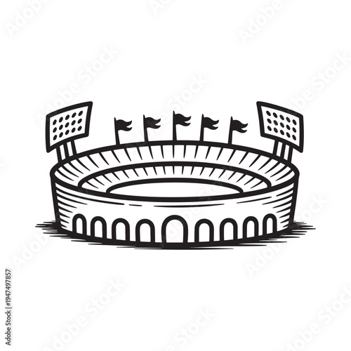 A black and white illustration depicting a stadium with floodlights and waving pennants high quality professional