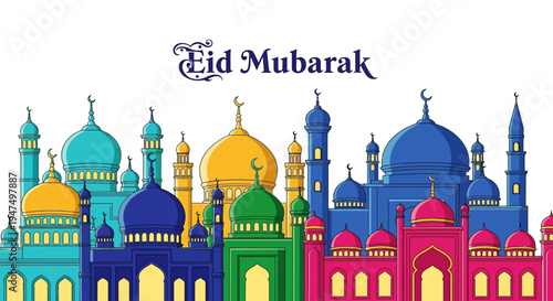 Colorful illustration of mosque architecture.