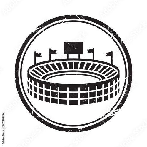 A black and white circular stamp depicting a stadium with flags representing sports and competition