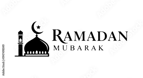 A black and white graphic featuring a mosque silhouette with a crescent moon and star, alongside the text 'RAMADAN MUBARAK' on a white background.
