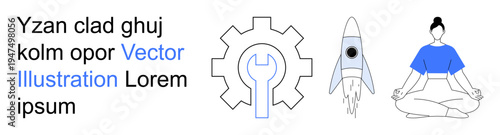 Technology, innovation, meditation, wellbeing, engineering, mindfulness. A gear cog, rocket icon meditating person and placeholder text in a minimalist layout. Technology and mindfulness concepts