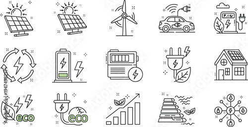 Renewable energy and electric power line icon set with solar panel wind turbine electric car charging eco illustration