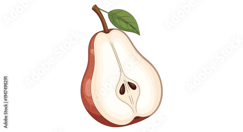 A halved pear with leaf and seeds.