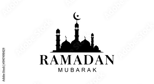 Black silhouette of a mosque with minarets and a crescent moon, featuring 'RAMADAN MUBARAK' text, symbolizing Islamic holy month.