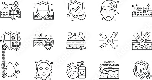 Skin protection and hygiene line icon set with clean skin skincare product dermatology health illustration