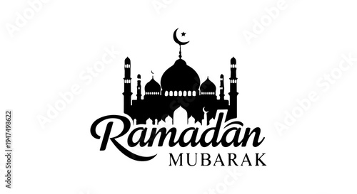 Black silhouette of a mosque with a crescent moon and 'Ramadan Mubarak' text on a white background, symbolizing Islamic celebration.
