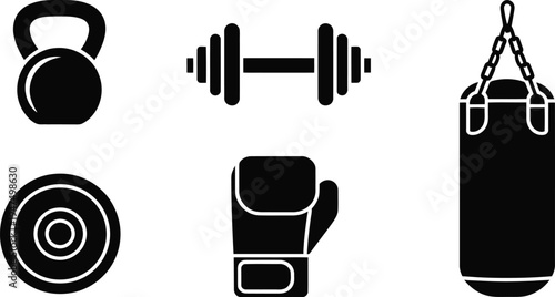 Set of 5 gym icons vector, fitness symbols