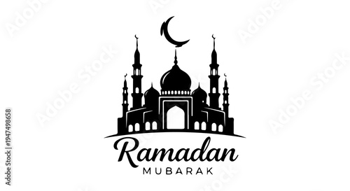 A black and white silhouette illustration of a mosque with minarets and a crescent moon, featuring "Ramadan Mubarak" text below, set against a clean white background.