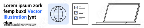 Online learning, communication, teamwork, technology, organization, global connection. Icons of a globe, checklist and laptop. Online learning and communication concept